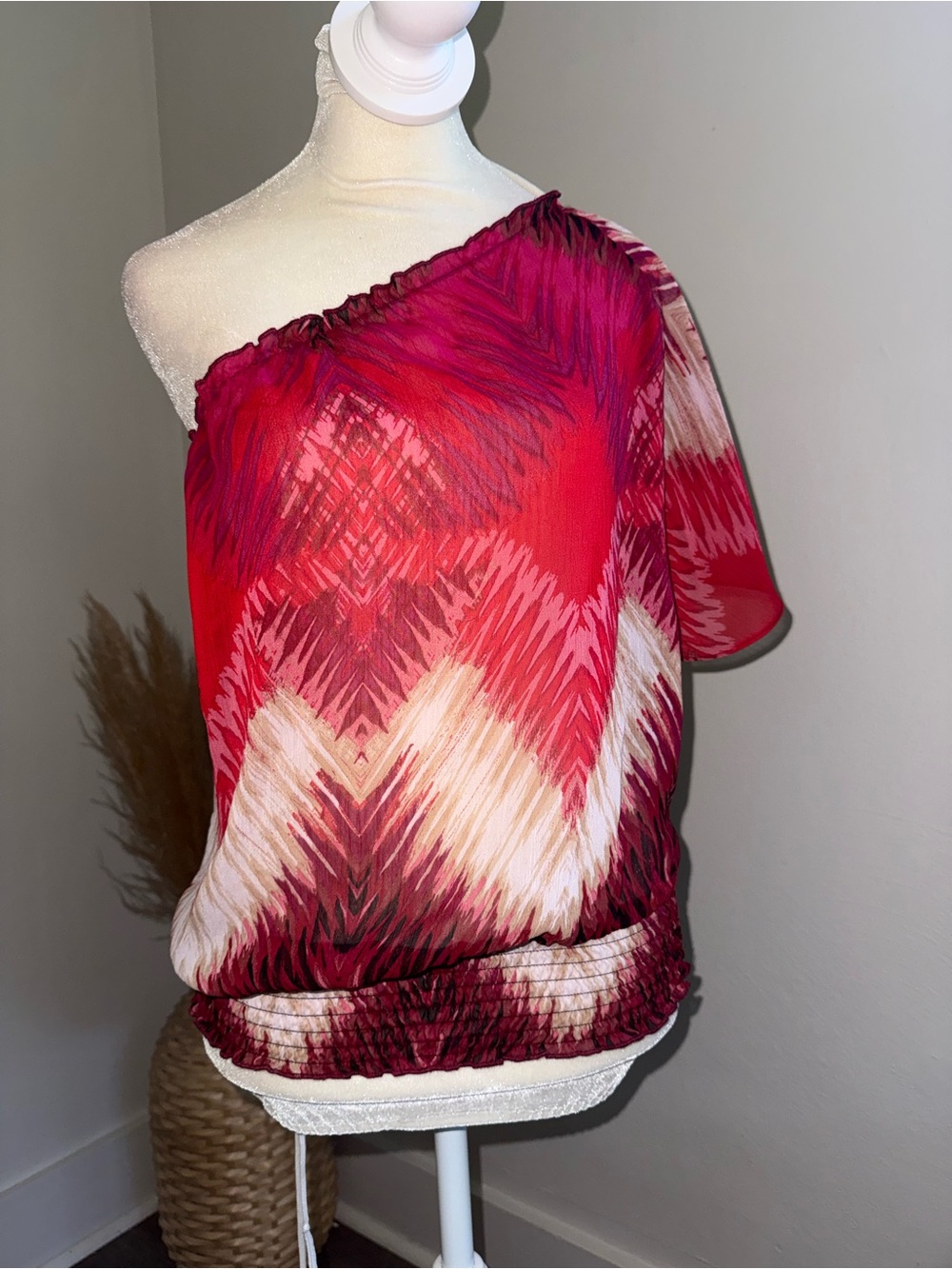 Charlotte Russe One-Shoulder Red and Cream Chevron Blouse